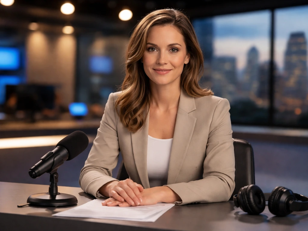 Anonymous TV news anchor at a studio desk with a microphone and blurred city skyline background.