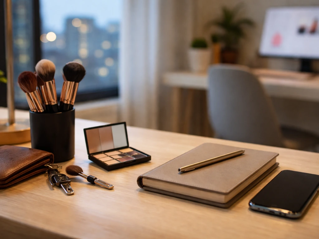 Minimal desk scene with a smartphone, wallet, and makeup tools suggesting reality-TV lifestyle and money topics