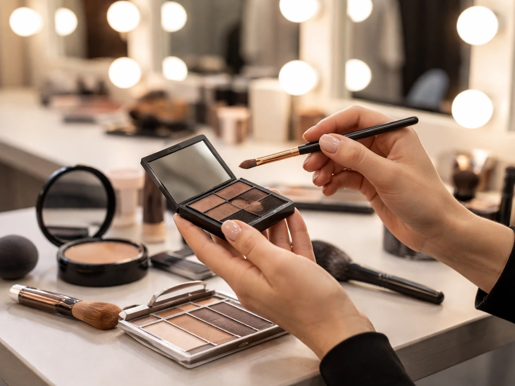 Anonymous makeup artist applying makeup at a minimal vanity with backstage-style lighting.