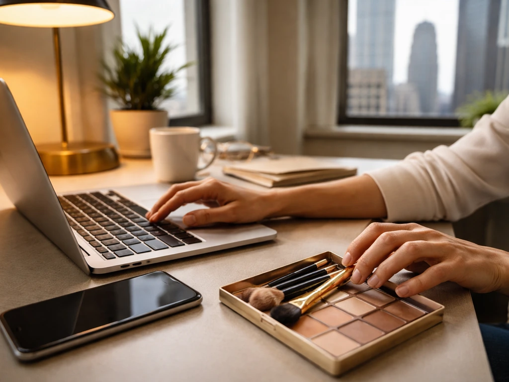 Anonymous hands on a desk with a laptop and a makeup kit, implying assistant work and a makeup business.