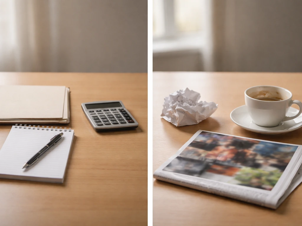 Minimal desk with a tidy notepad and calculator beside crumpled paper and a glossy magazine page, symbolizing verified v