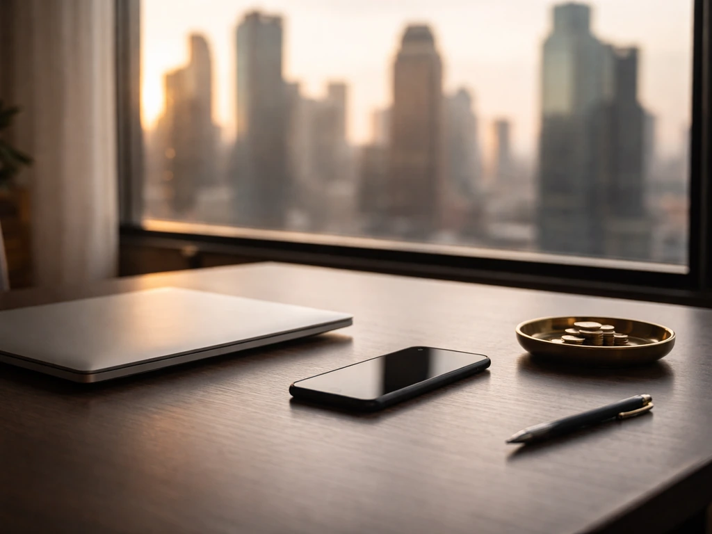 Minimal luxury desk with closed laptop, smartphone, and coins—symbolic of media wealth analysis.