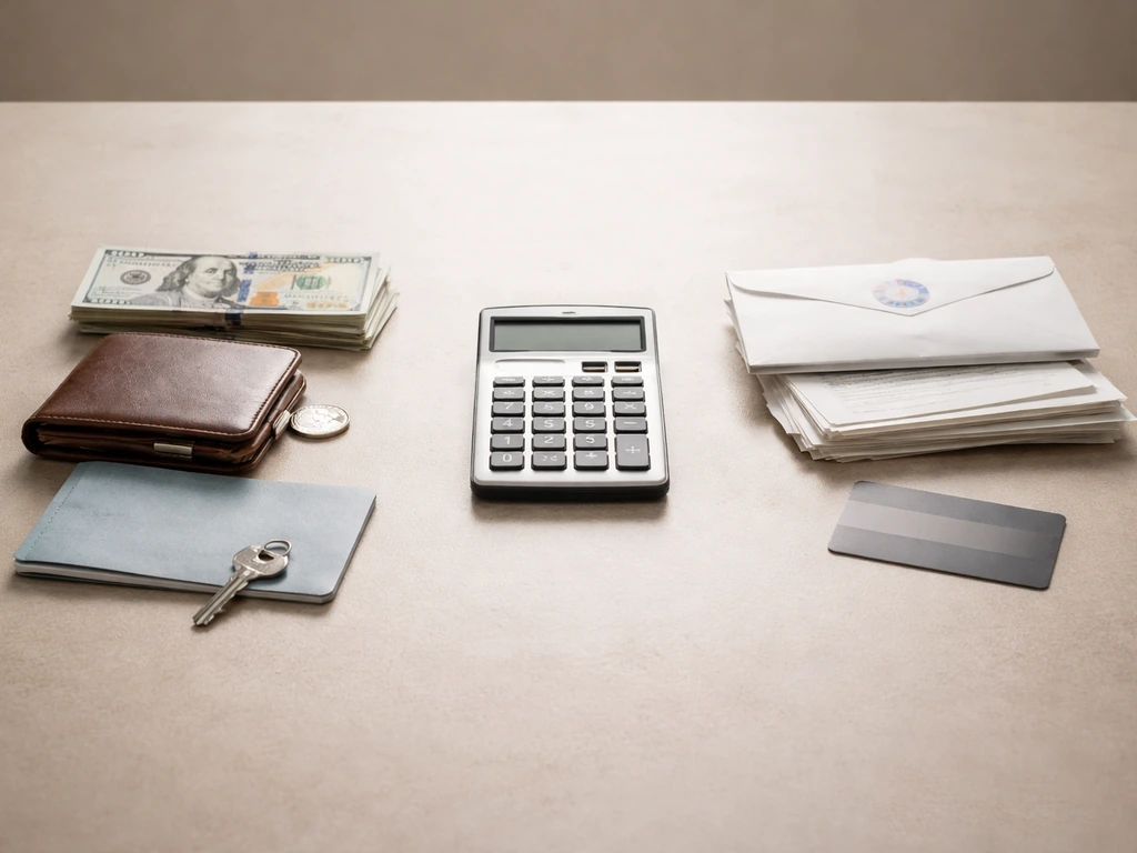 Split view of neatly arranged savings and documents beside a calculator and envelope of loans