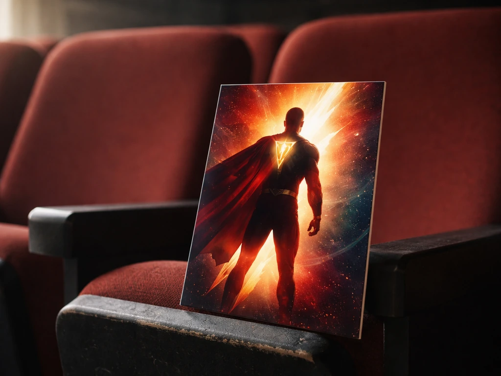 Empty theater seat with a single superhero movie-poster-style prop evoking Shazam vibes, no readable text.