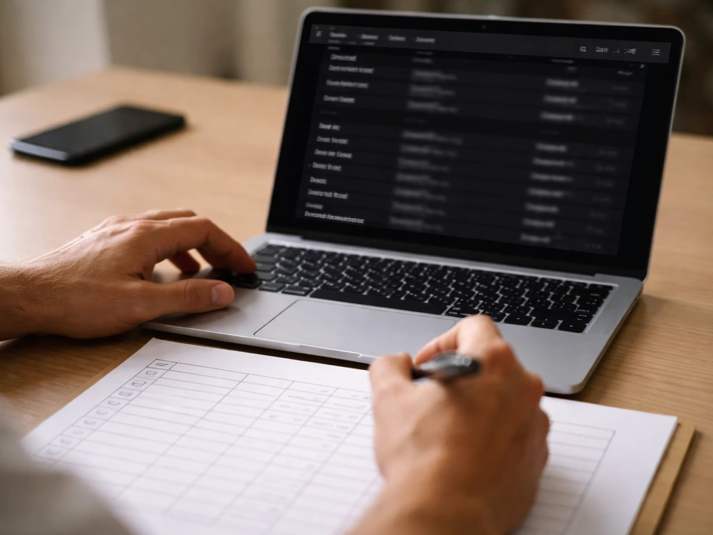 Laptop showing an IMDb-like film credit page and a checklist-style document beside it.