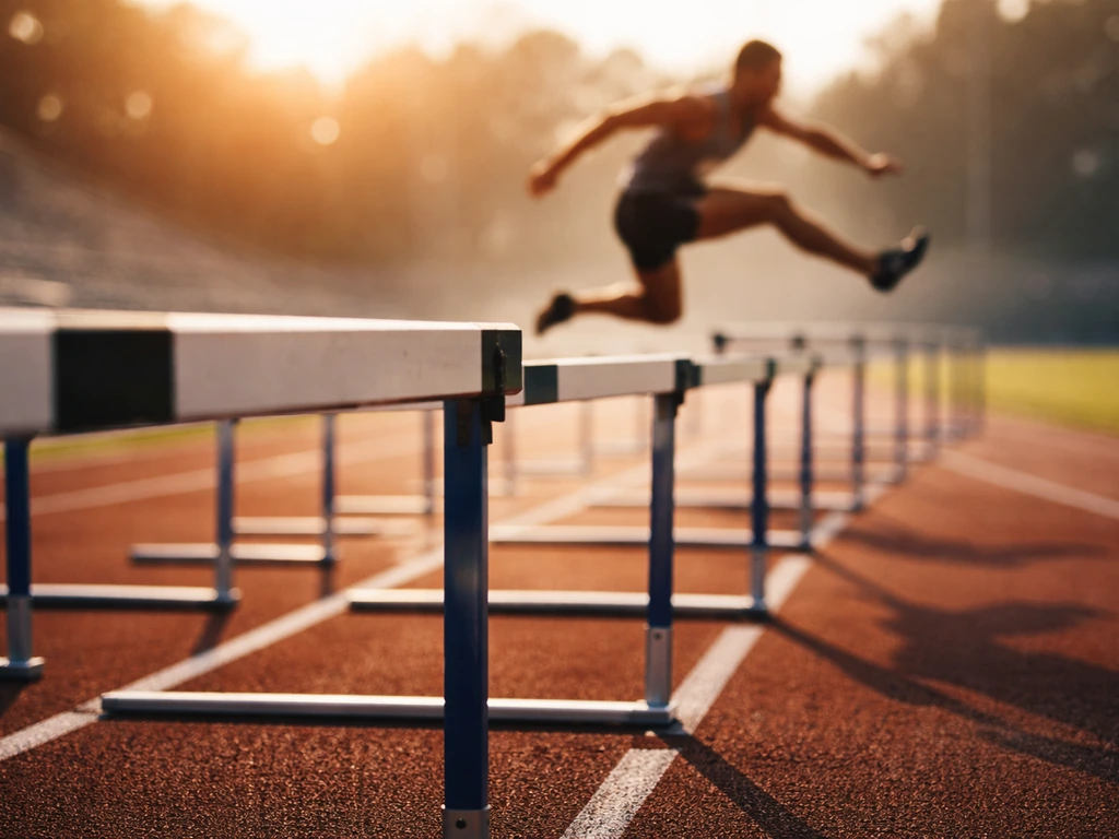Symbolic athletics scene with hurdles track focus and a solitary runner silhouette mid-stride.