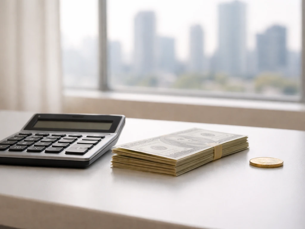 Minimal photo of a tidy desk with a calculator, cash, and a soft-focus city view suggesting a net worth range.