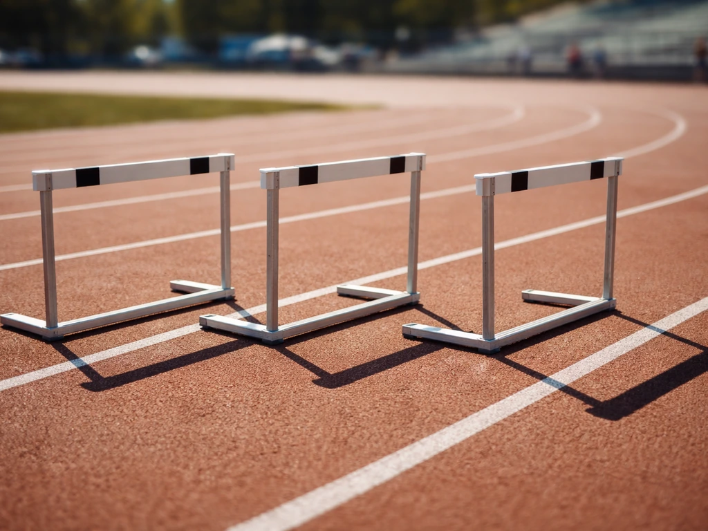 Runner’s hurdles on an outdoor track with a distant stadium meet backdrop, suggesting athletics prize money context.