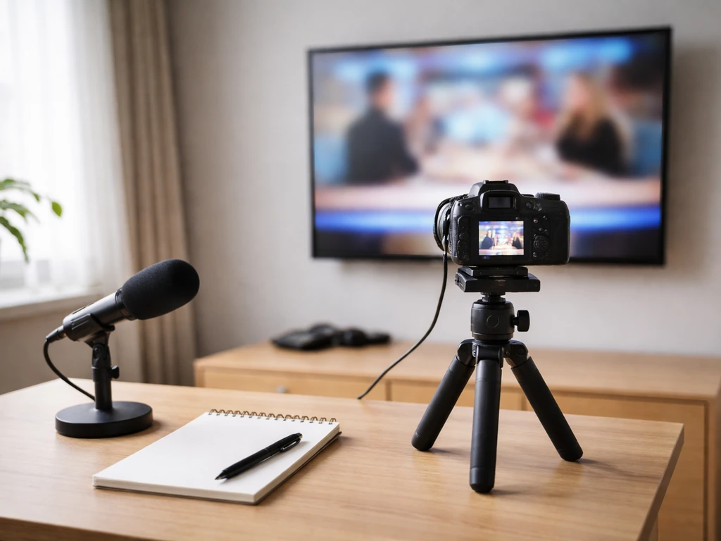 Minimal media-content scene with a TV screen and camera gear on a studio desk
