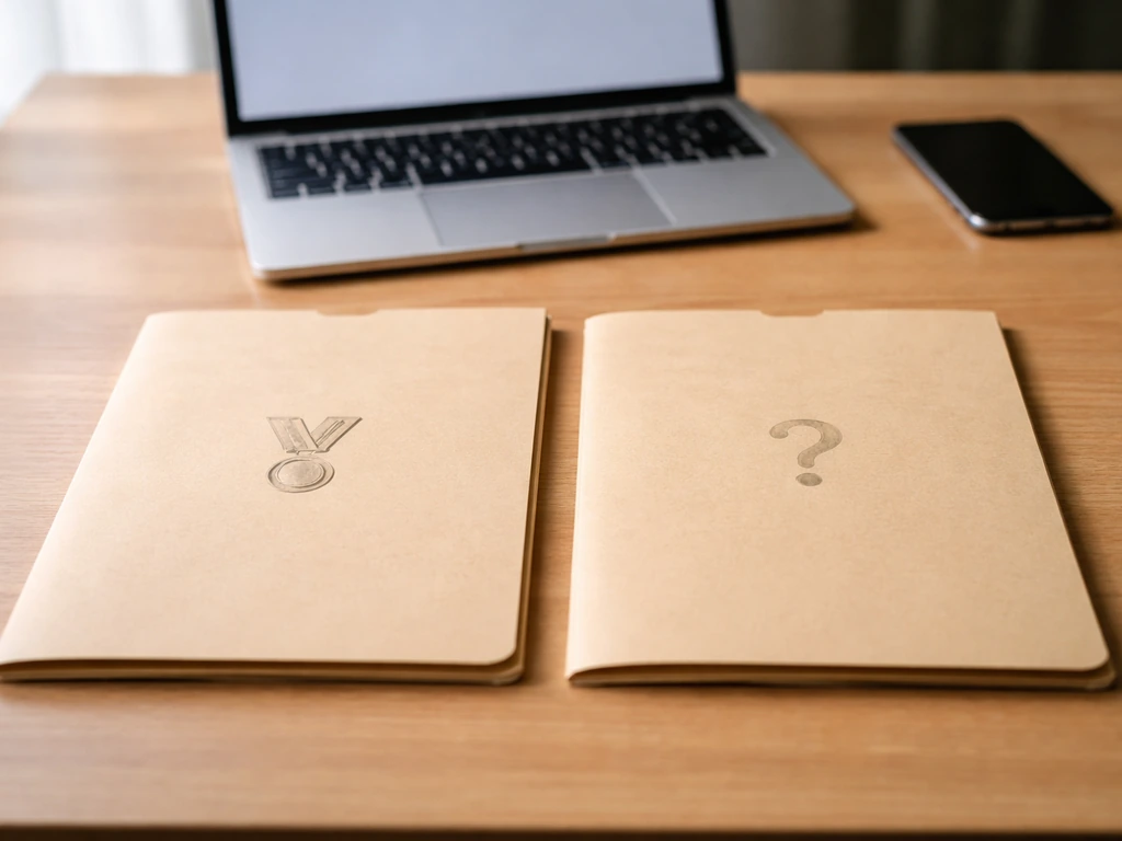 Minimal office desk scene with two separate folders labeled only by visual icons, showing verification vs speculation