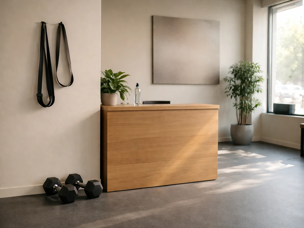 Empty modern fitness studio with dumbbells and bands, lit by natural light, evoking entrepreneurship and lifestyle.