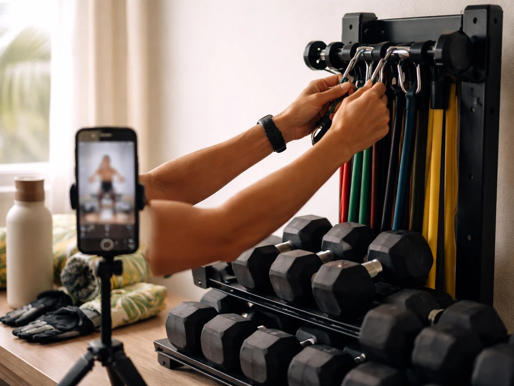 Anonymous athletic hands adjusting resistance bands in a bright home workout studio with blurred phone video.