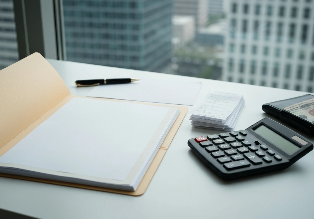 Minimal photo of a finance desk with scattered documents and a calculator, symbolizing net worth calculations