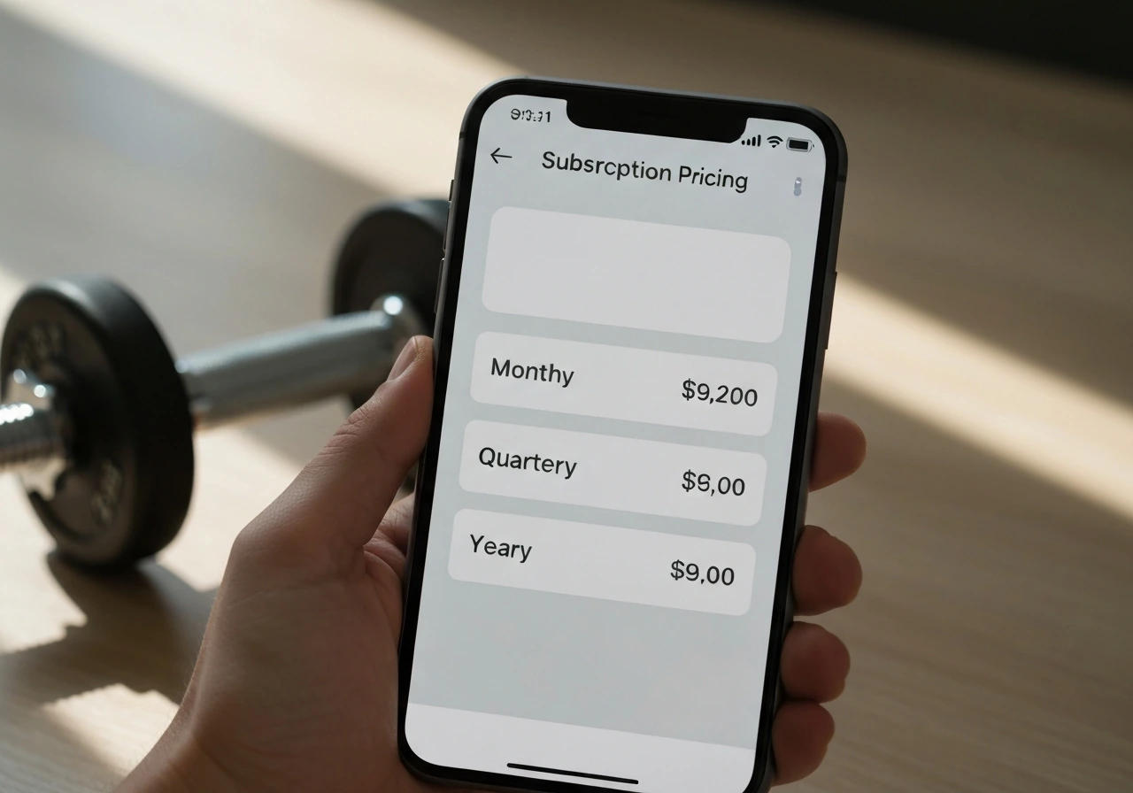 Phone close-up displaying a clean three-tier fitness app subscription price layout.