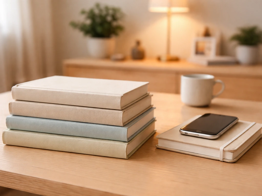 Stack of memoir books beside a notebook and smartphone on a tidy desk with warm light