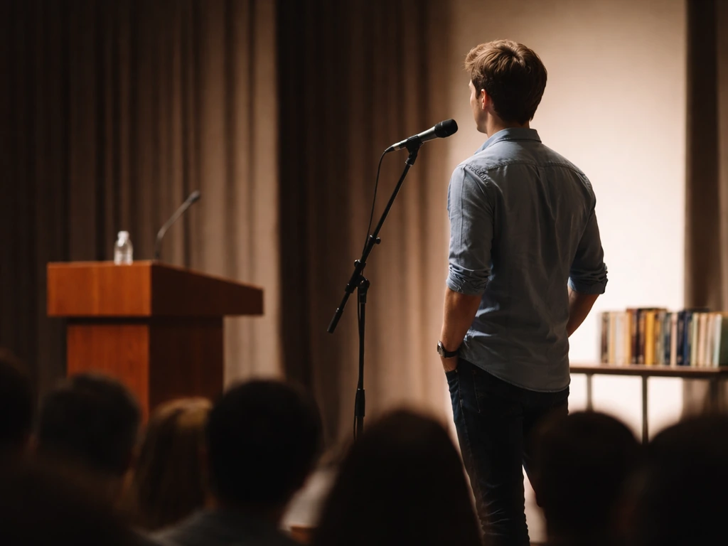 Speaker at a university stage delivering remarks into a microphone, audience out of focus