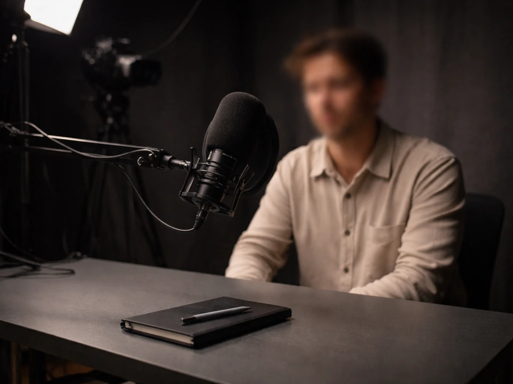 Person seated in a quiet TV studio for a media interview, microphone and soft studio lights visible