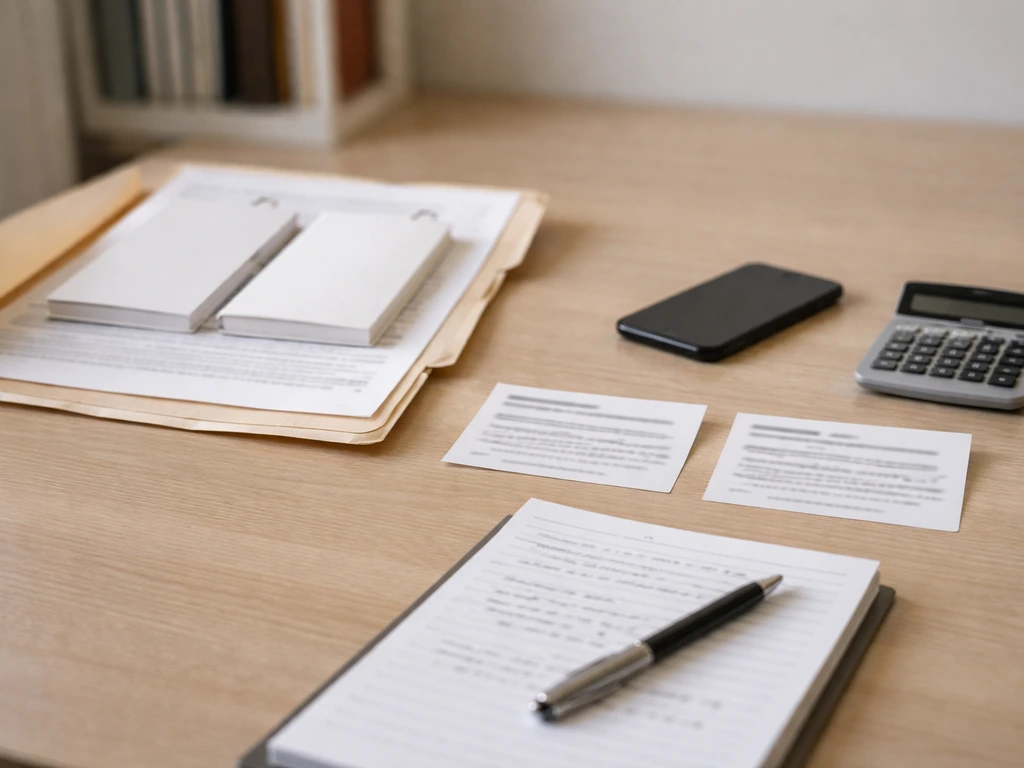 Desk with open publication listings, contracts, and a calculator for self-checking finance details