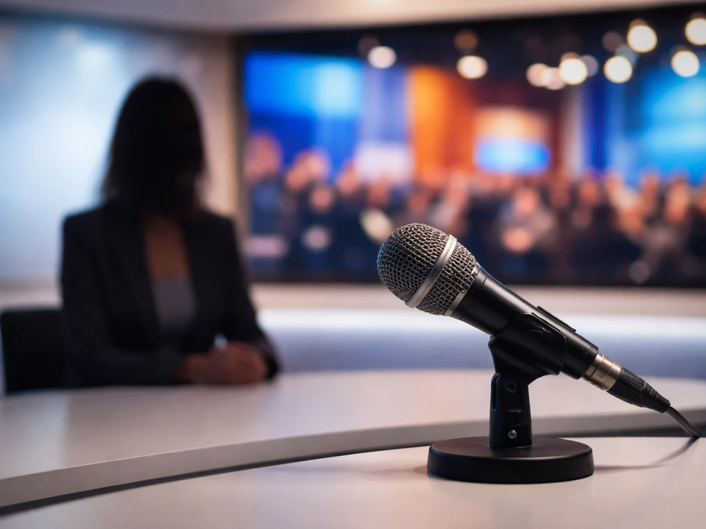 Anonymous television studio scene with a desk microphone and a blurred talk-show monitor backdrop