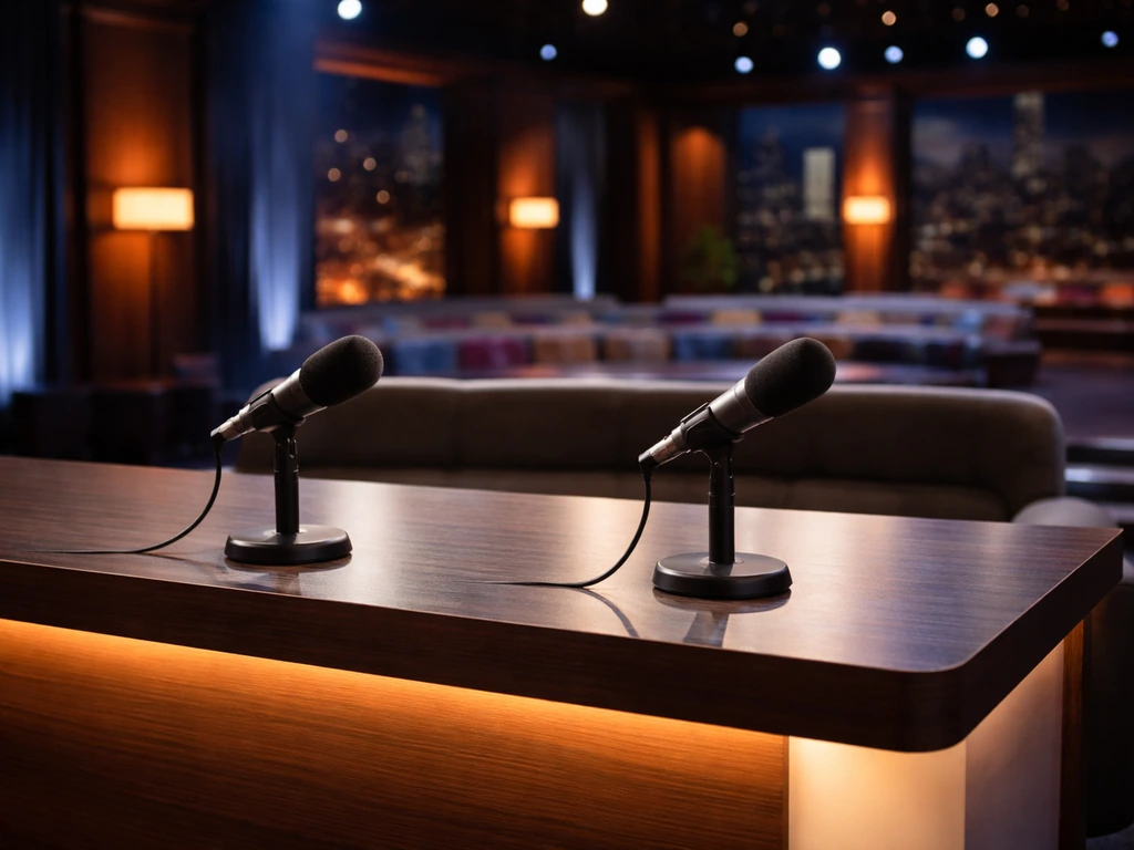 Empty TV talk show studio set with stage lights and microphones, suggesting a media hosting peak