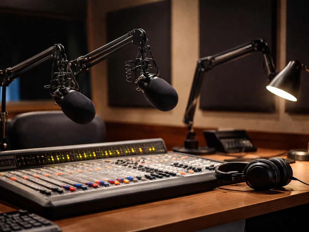 SiriusXM-style radio studio desk with microphones, mixing console, and headphones, no people.