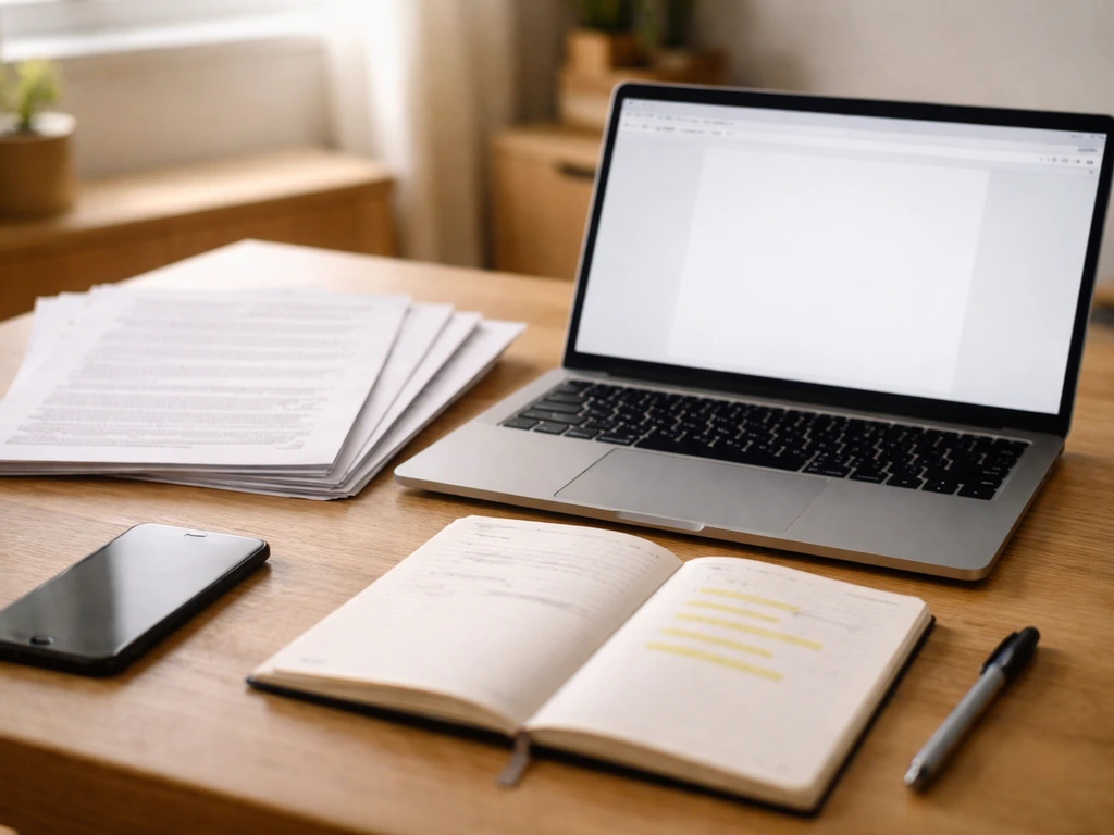 Minimal desk scene with printed interview excerpts, a laptop on reputable sources, and highlighted notes for DIY researc