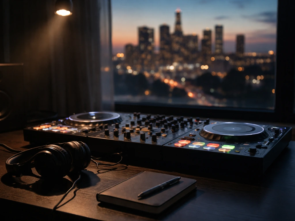 Minimal Los Angeles music studio desk with DJ gear, headphones, and dusk skyline for an income/net-worth theme.