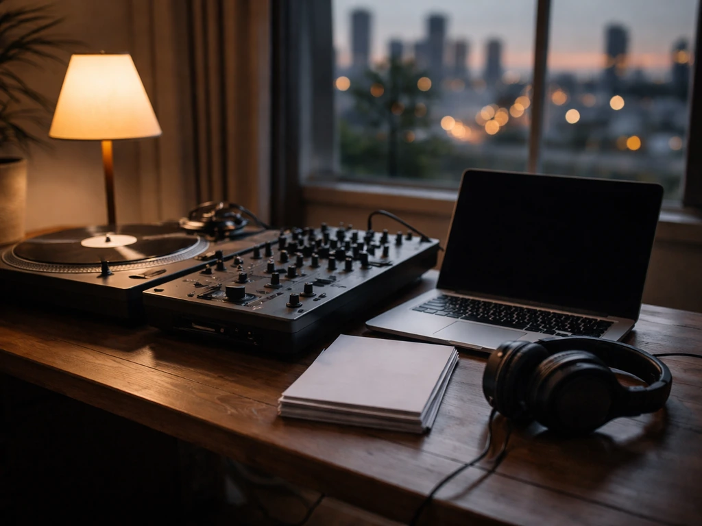 Minimal LA studio desk with turntable, mixer, headphones, and city lights through a window.