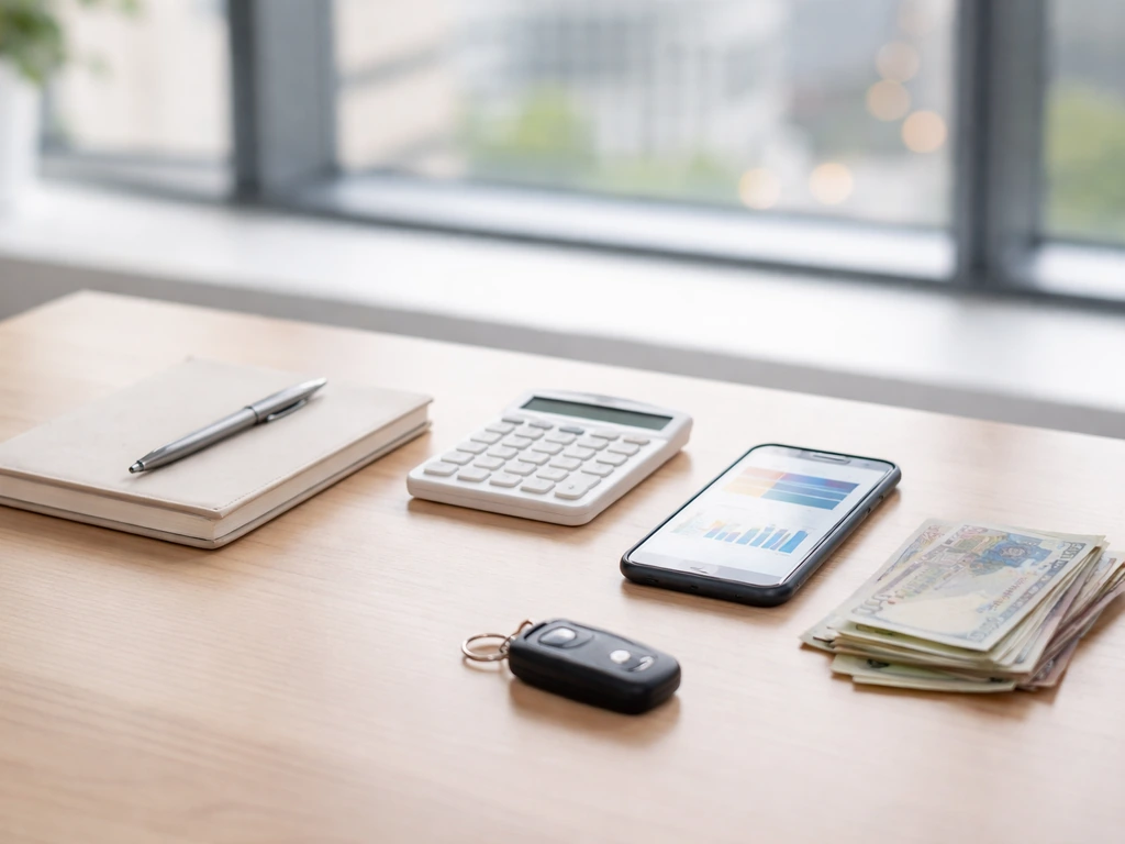 Minimal desk with calculator, bills, and blurred finance phone beside a city-view office window.