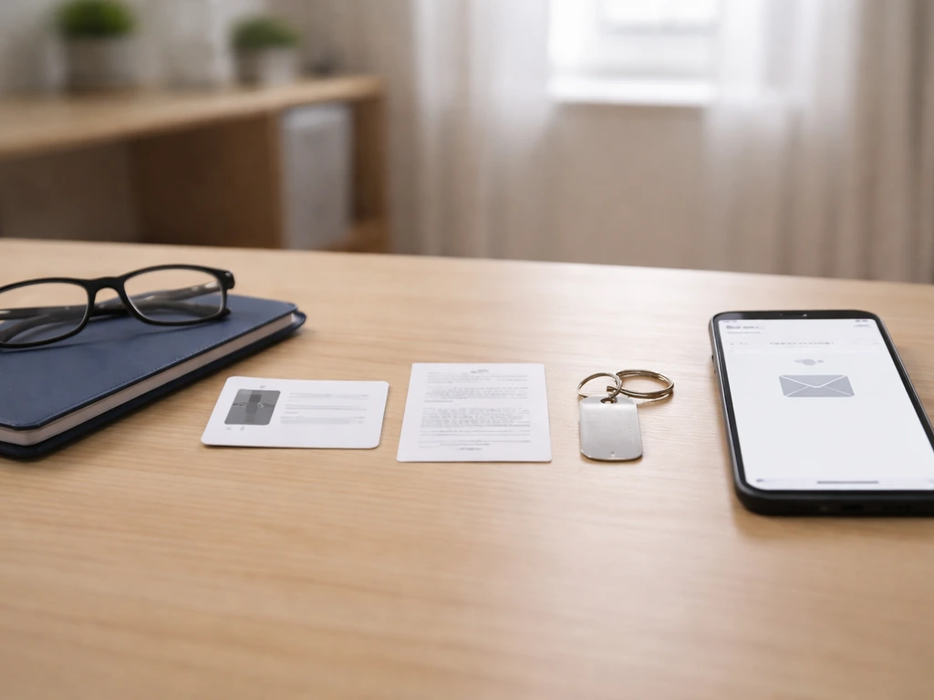 Desk with blank ID-like documents, passport folder, and phone suggesting identity verification steps.