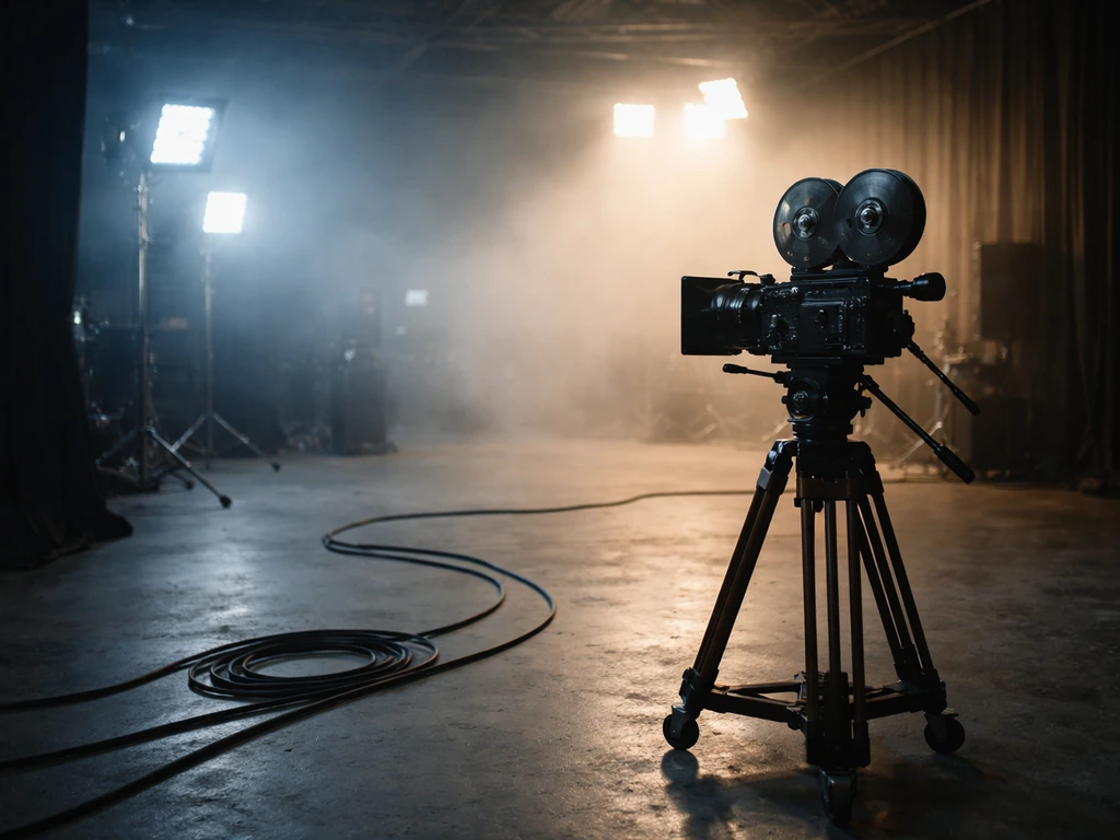 Anonymous TV studio scene with a film camera and cool blue lighting, evoking a sci-fi production set