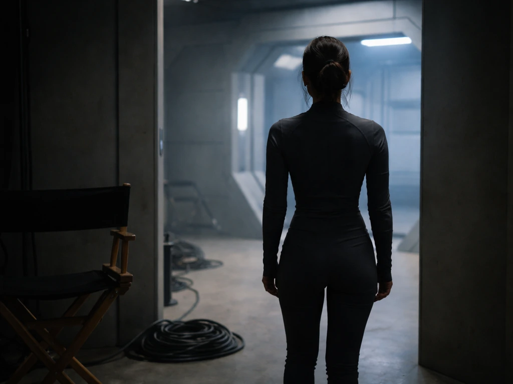 Anonymous actress silhouette on a sci-fi TV studio set with production equipment and muted lighting.