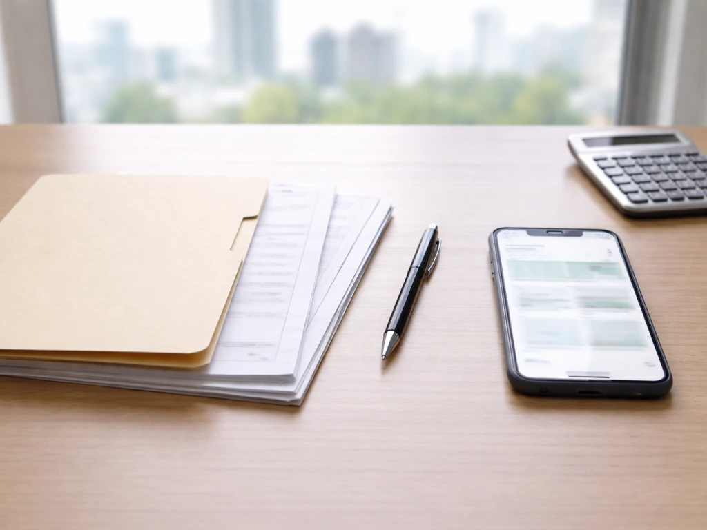 Minimal desk scene comparing blank public-record paperwork and a phone with generic financial content.
