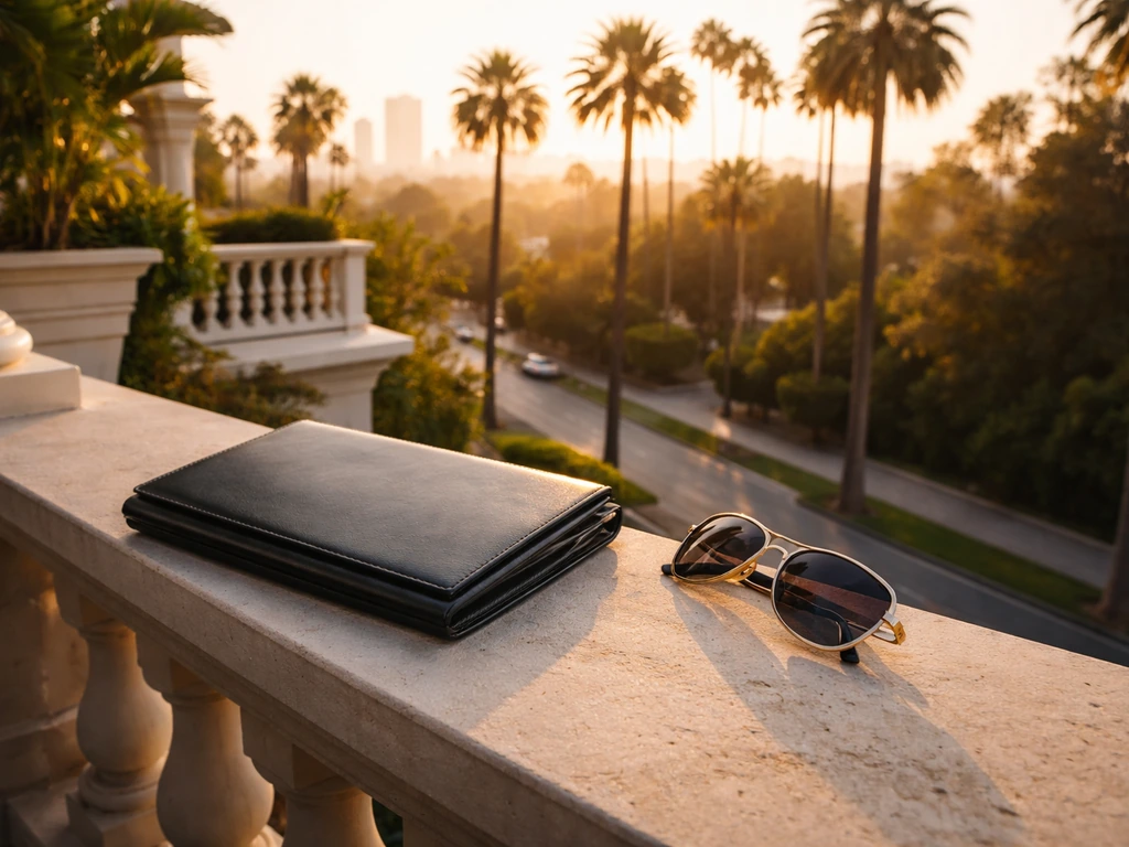 Luxury LA house exterior with a black leather portfolio on a balcony ledge at golden hour.