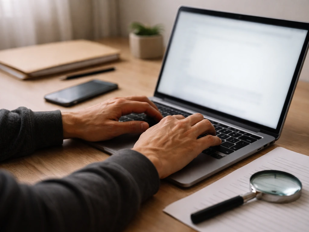 Hands typing on a laptop in a quiet home office, with a phone showing a blurred property-record search screen