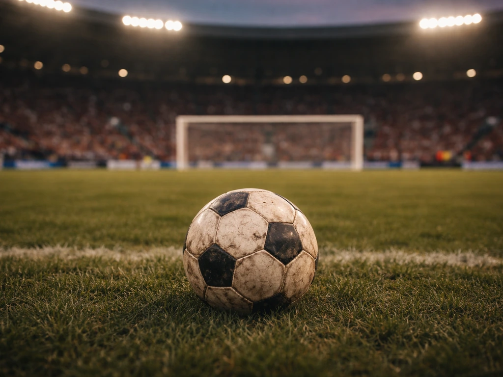 Soccer stadium at dusk with a close-up of a worn ball and blurred net, symbolizing a decorated player
