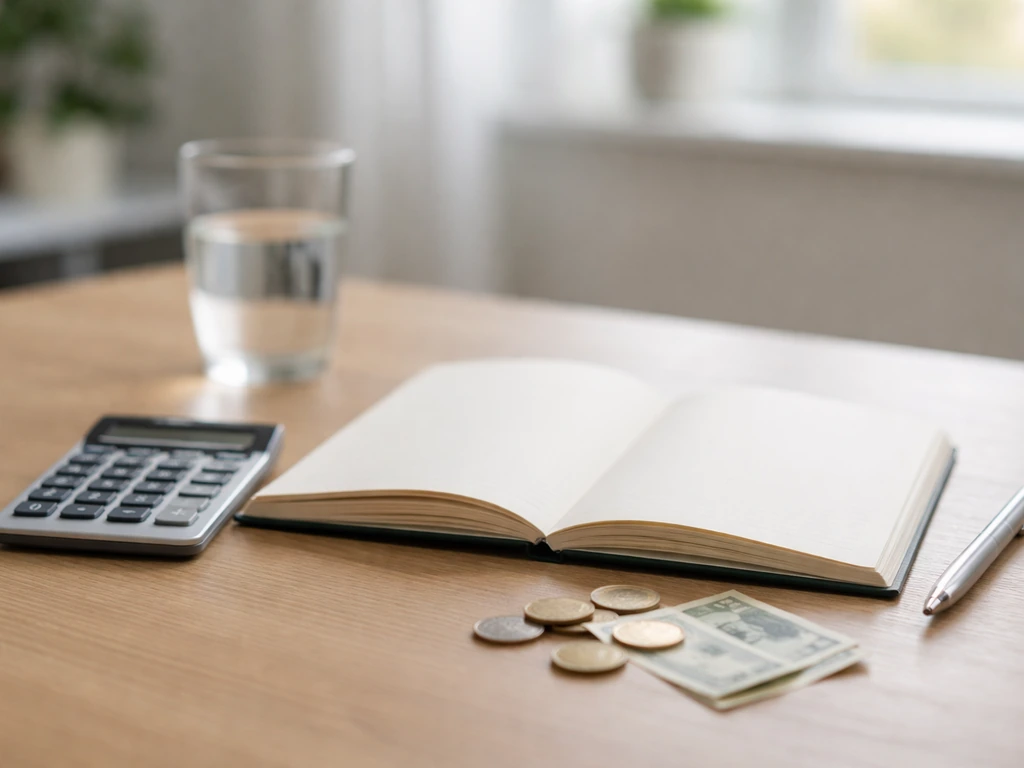 Minimal photo of a notebook with a calculator and coins on a desk, symbolizing net worth calculation.