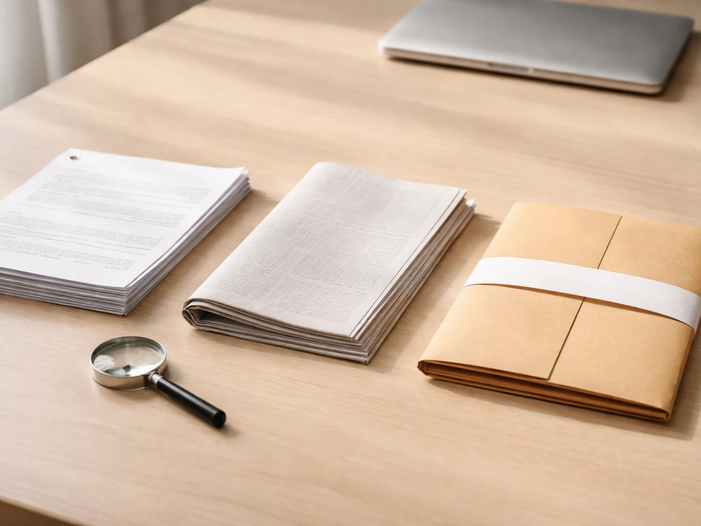 Minimal desk scene with nonprofit papers, a newspaper, and a sealed financial audit folder to verify an estimate