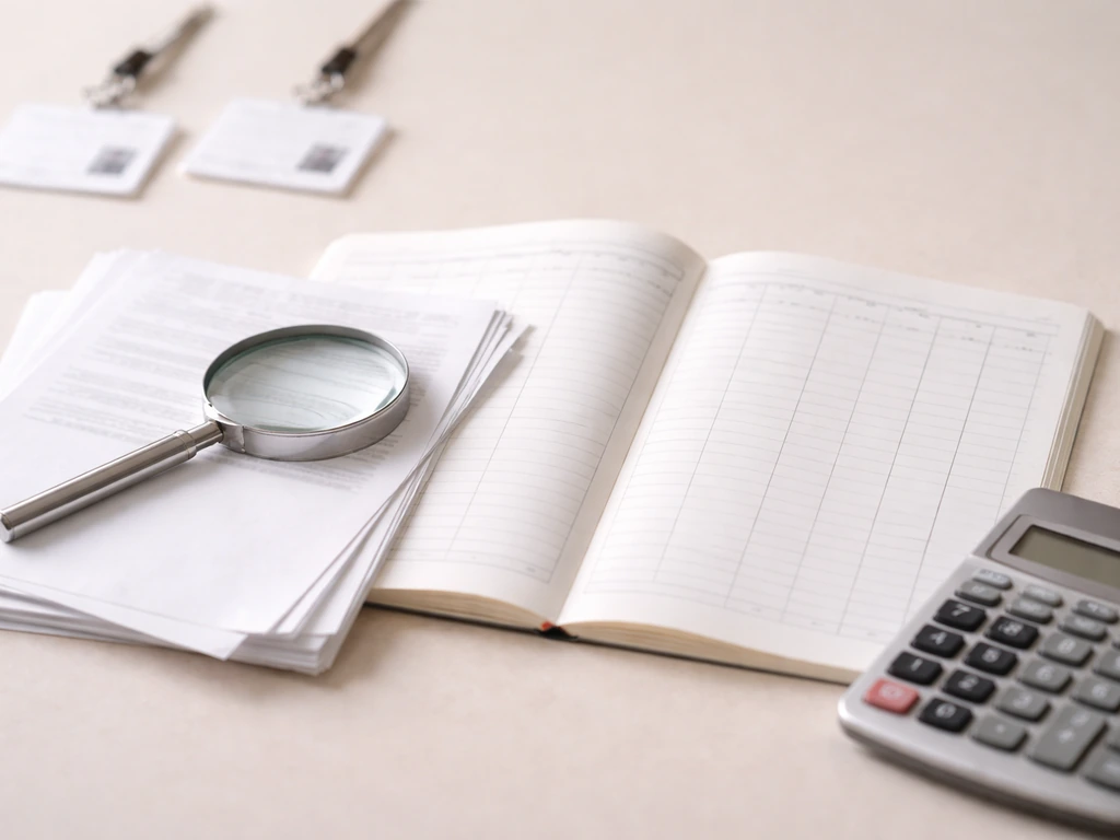 Close-up of a magnifying glass over financial documents beside a calculator and ledger, suggesting net worth research.