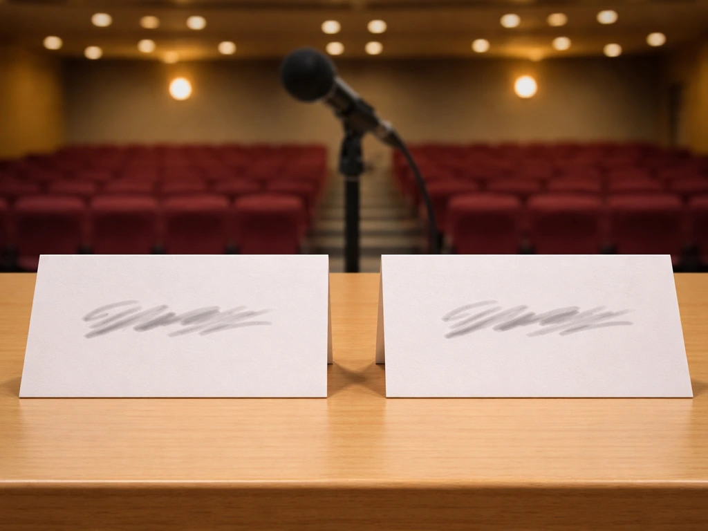 Two blank name placards side-by-side on a desk with soft theater lights and a microphone nearby.