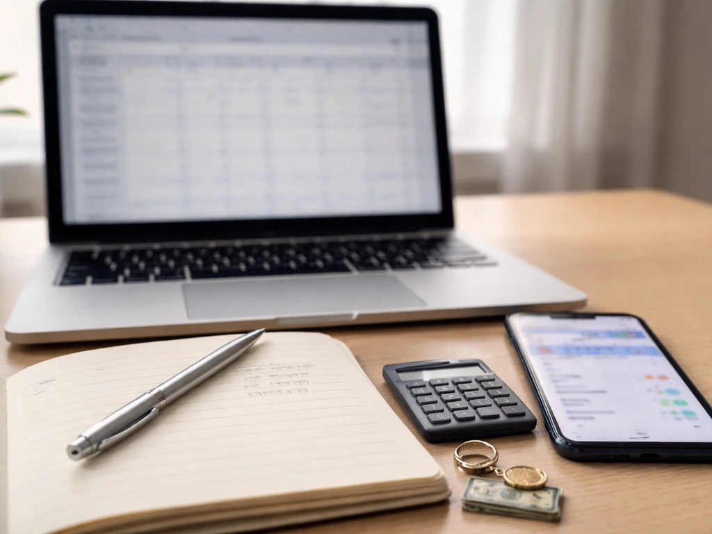 Close-up of a laptop and phone beside a notepad showing social metrics for estimating income