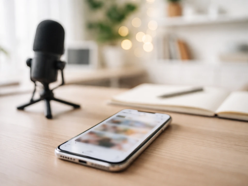 Minimal shot of a smartphone showing an anonymous social content feed vibe in a bright home studio