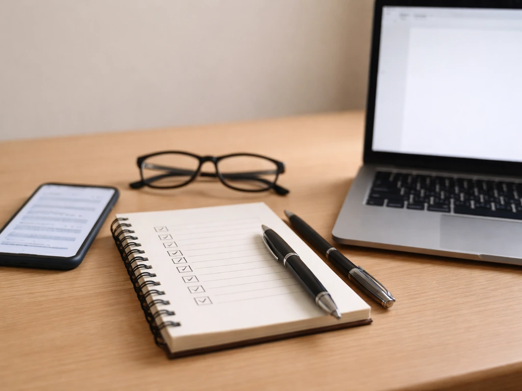 Minimal desk scene with notebook checkboxes, pen, glasses, and blurred phone for verifying estimates.
