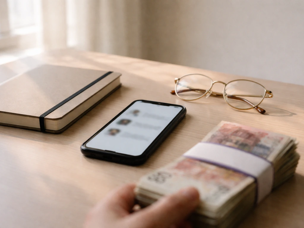 Minimal desk scene with phone, eyeglasses, and currency symbolizing checking identities and net-worth confusion.