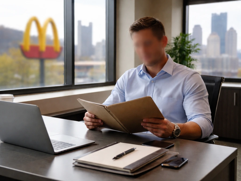 Anonymous businessperson in a simple office with a McDonald’s-style sign blurred in the background