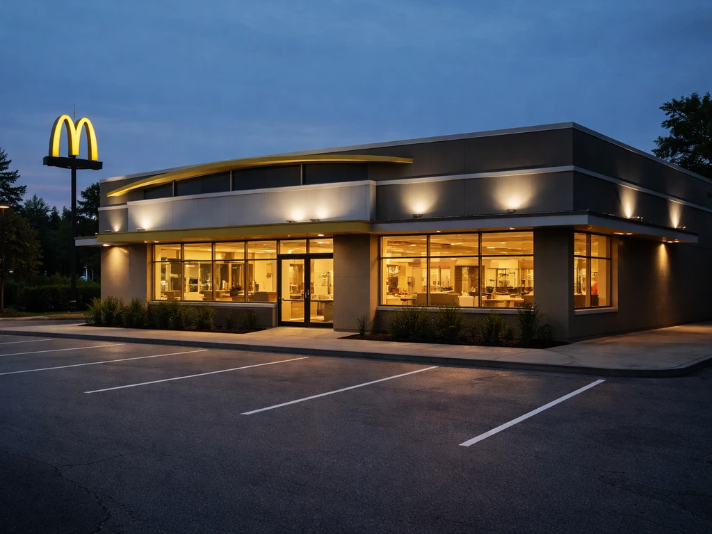 McDonald’s restaurant exterior at dusk with a glimpse of bright interior lights and parking lot