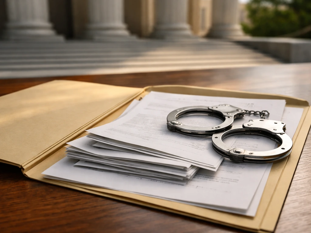 Open folder with blank bankruptcy paperwork, bills, and handcuffs on a desk with a blurred courthouse backdrop.