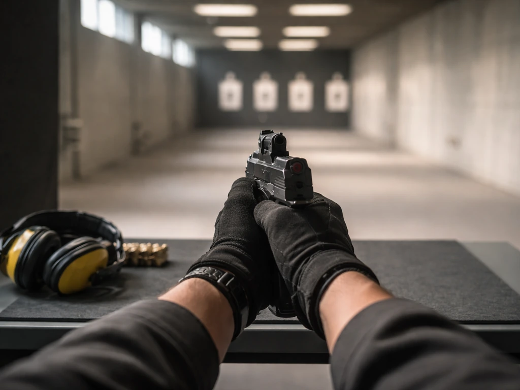 Anonymous pistol shooting training scene with camera/media vibe in a quiet indoor range setting