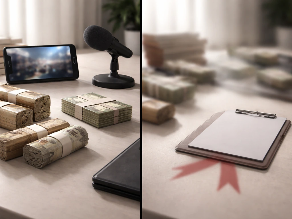 Minimal split-screen photo style scene with money and media icons versus uncertain question-like marks