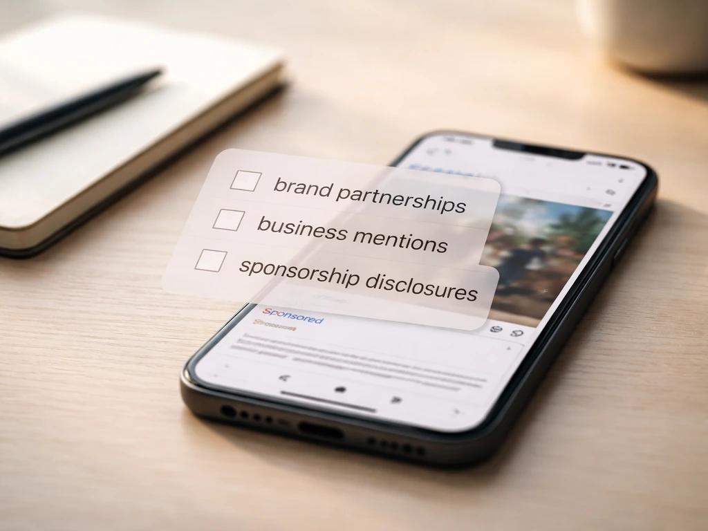 Smartphone showing an Instagram-like sponsored disclosure section with a checklist overlay on a desk